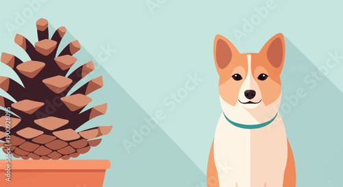 A playful corgi and a large pinecone sit against a light blue background