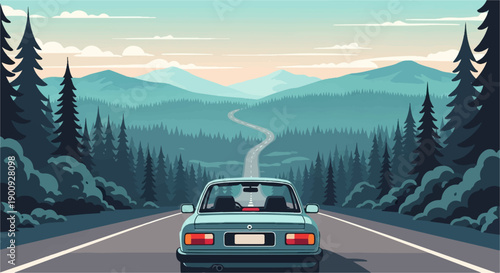 A retro car drives down a winding road through a pixelated forest