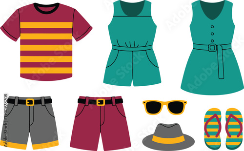 Summer Fashion Clothing Icons Set – Shirts, Dresses, Shorts, and Beach Accessories