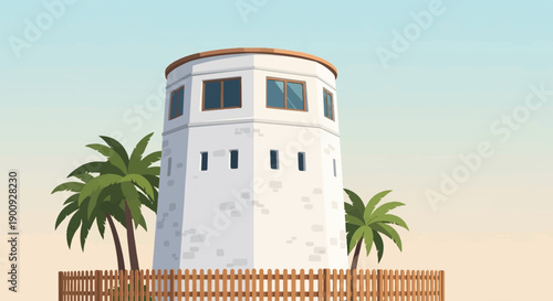 A pixelated white tower with windows and palm trees against a soft gradient sky