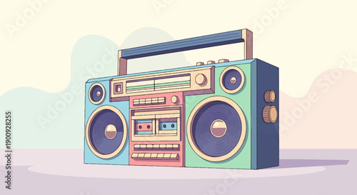 A retro boombox with large speakers and cassette deck sits on a surface