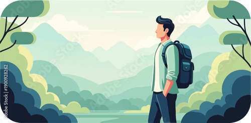 A person with a backpack stands looking at a serene mountain landscape
