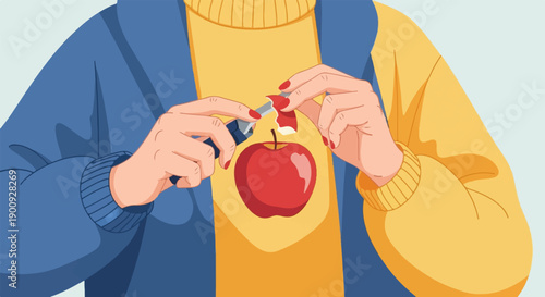 A person with red nail polish peels an apple on a yellow shirt