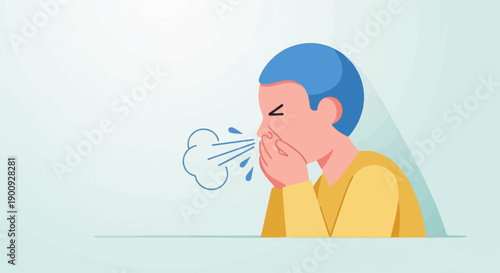 A person with blue hair coughs, expelling air and droplets