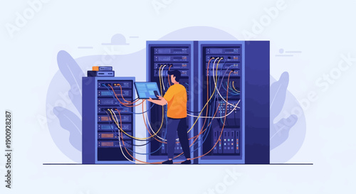 A person works with server racks, connecting cables in a data center