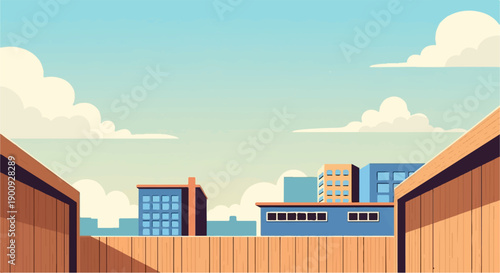 A pixelated urban scene with buildings and clouds under a bright sky