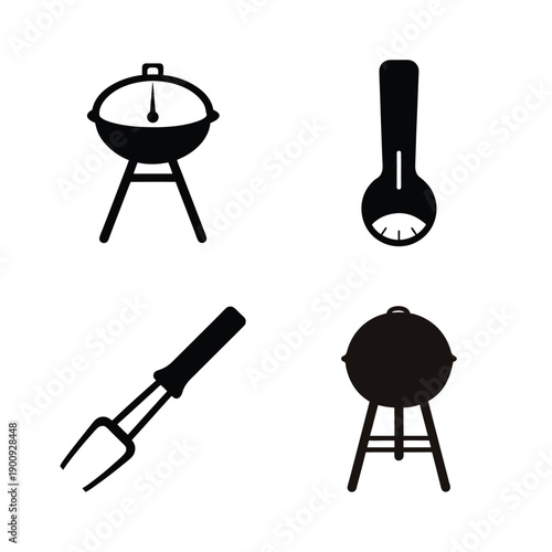 Set of four essential outdoor cooking and grilling tools displayed in black and white