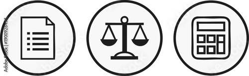 Law and Order Icons: Three minimalist icons symbolizing documentation, justice, and financial calculation, each contained within a circular frame against a neutral backdrop.