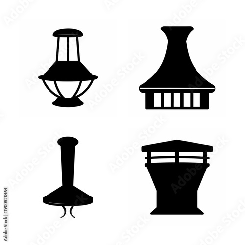 Four distinct architectural lamp and structure silhouettes in black and white