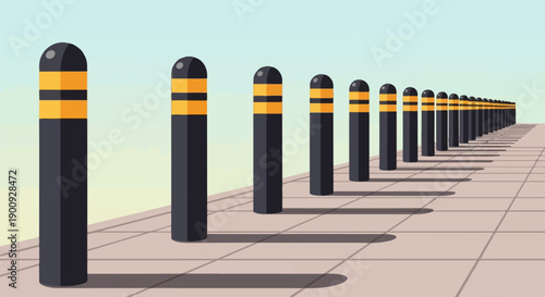 A perspective view of a row of black and yellow bollards lined up on a sidewalk
