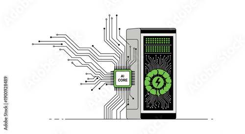 Conceptual illustration of an AI core connected to a server rack, depicting advanced artificial intelligence processing and power efficiency in data centers.