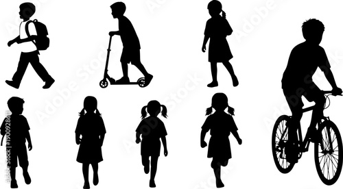 Children silhouette set, walking kids vector, backpack school children, scooter riding, bicycle pose, active boys girls black clipart
