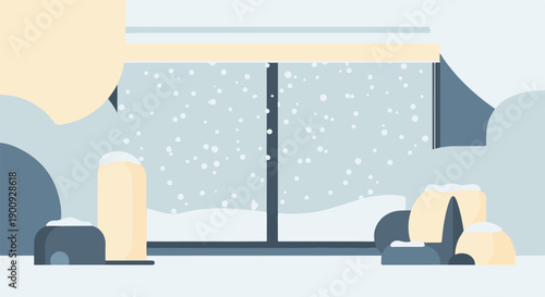 A minimalist, abstract depiction of a snow-covered landscape viewed from indoors