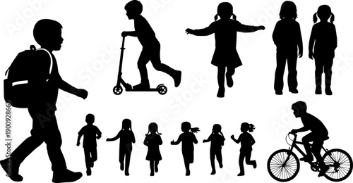 Children silhouette set, walking kids vector, backpack school children, scooter riding, bicycle pose, active boys girls black clipart
