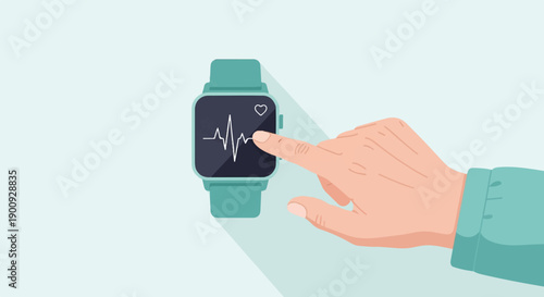 A hand interacts with a smartwatch displaying a heart rate monitor and electrocardiogram
