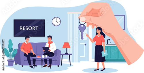 A hand offers a key to a woman near a sink, with men resting on a couch