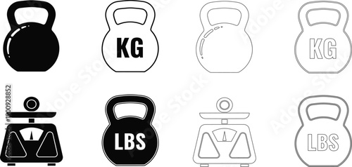 Vector Set of Fitness Kettlebell Weights and Scales for Exercise and Strength Training, Featuring Solid and Outline Monochrome Designs