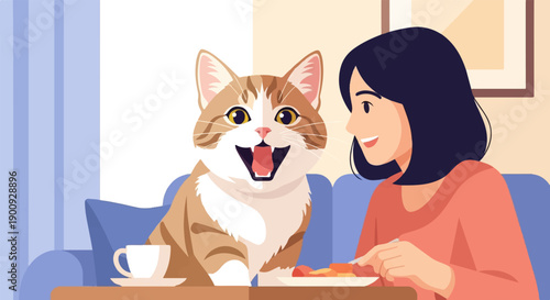 A happy cat sits with a person enjoying a meal and coffee
