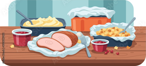 A holiday meal with sliced roast, mashed potatoes, stuffing, and cranberry sauce