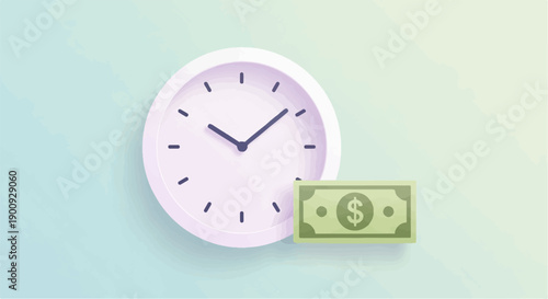 A simple graphic of a clock and a dollar bill against a gradient background
