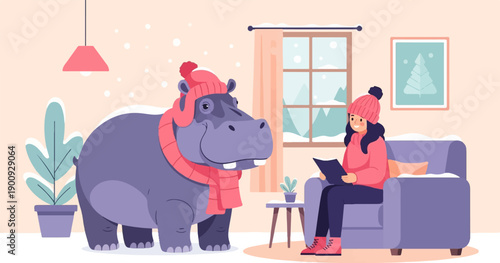 A hippo in winter attire visits a person reading by a snowy window