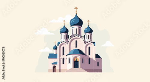 A picturesque illustration of a grand orthodox church with blue domes