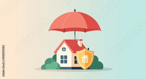 A house is protected by an umbrella and a shield, symbolizing security and safety