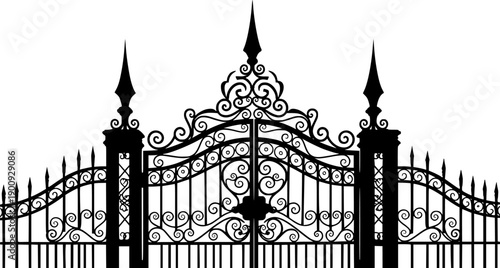 Black ornate metal gate icon with spires on white background
