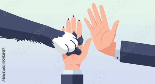 A human hand offers a high-five to a dog's paw, symbolizing connection