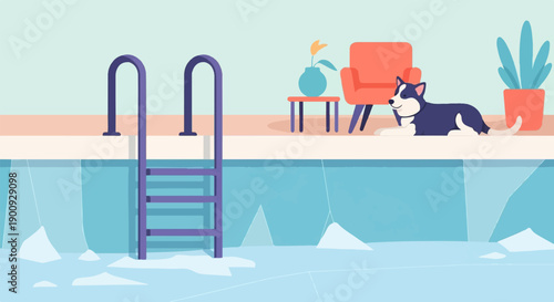 A husky dog lounges by a pool with ice floes and a ladder