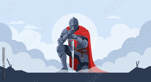 A knight in armor kneels with a sword under a cloudy sky
