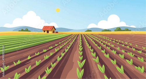 A picturesque farm scene with newly planted crops stretching towards rolling hills