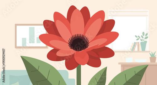 A large red flower dominates a serene indoor scene with soft furnishings