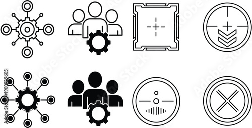 Set of black and white icons representing business, teamwork, and precision in a modern, minimalist style