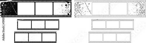 Versatile black and white film strip frame collection featuring distressed grunge textures and sleek clean templates for creative graphic design projects and digital layouts