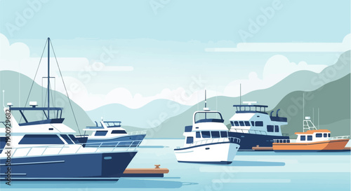 A serene harbor with multiple boats docked against a backdrop of mountains