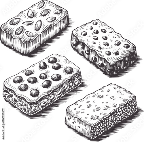Four rectangular nougat bars with nuts and dried fruit in pen and ink candy sweet