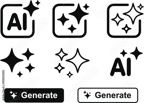 AI generate icons set. AI sparkle stars with square icon. Artificial intelligence technology and Machine learning concept