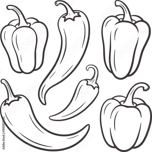 Hand drawn black and bell pepper in various orientations