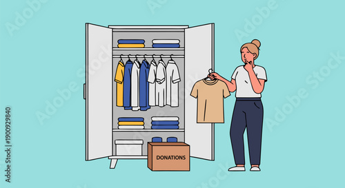 Vector illustration of a person donating clothes from an open wardrobe, decluttering and charity concept
