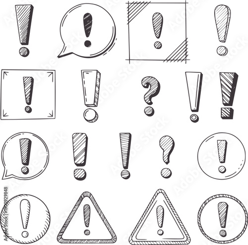 Hand drawn black and exclamation and question marks in various shapes and speech bubbles