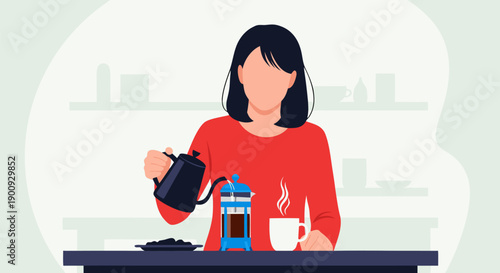 Woman pouring coffee from French press into cup, vector illustration for coffee lovers and cafe culture
