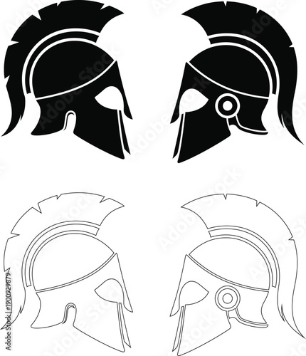 Ancient warrior helmets, battle headwear, and military insignia in silhouette and outline styles
