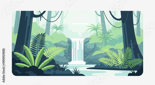 A serene jungle scene with a waterfall cascading into a tranquil pool