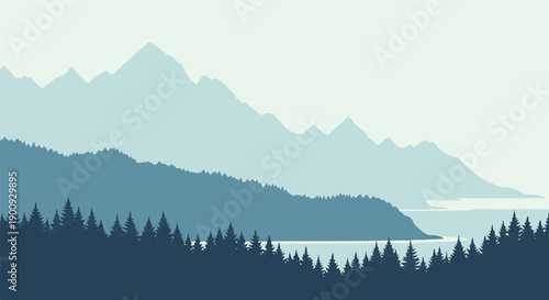 A serene landscape unfolds with layered mountains, a tranquil lake, and dark evergreen forests