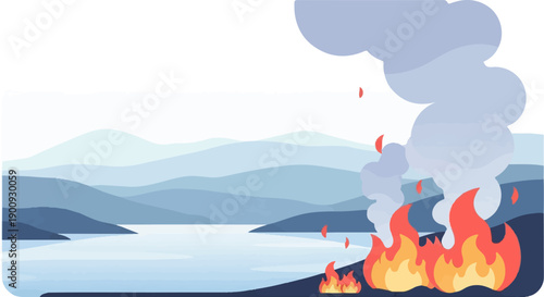 A serene landscape with distant mountains meets a destructive wildfire