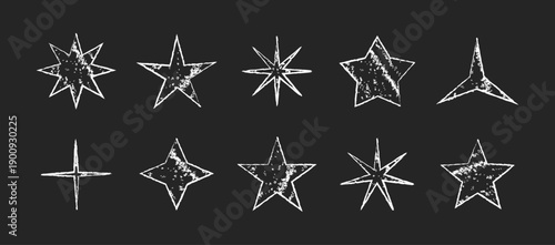 Hand drawn white star shapes with rough chalk texture on a dark background. Grunge doodle stars with distressed outlines and expressive handmade style. Decorative star icons for stickers, collage