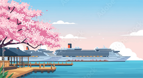 A picturesque scene featuring a large cruise ship docked near a wooden pier under a cherry blossom tree