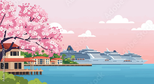 A picturesque scene of cherry blossoms framing a harbor with docked cruise ships