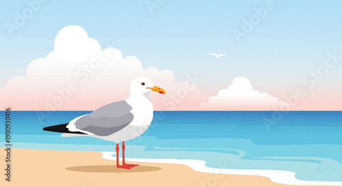 A single seagull stands on a sandy beach with blue waves under a pastel sky